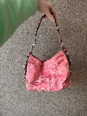 Coach Pink Signature Jacquard Shoulder Bag with Leather Trim